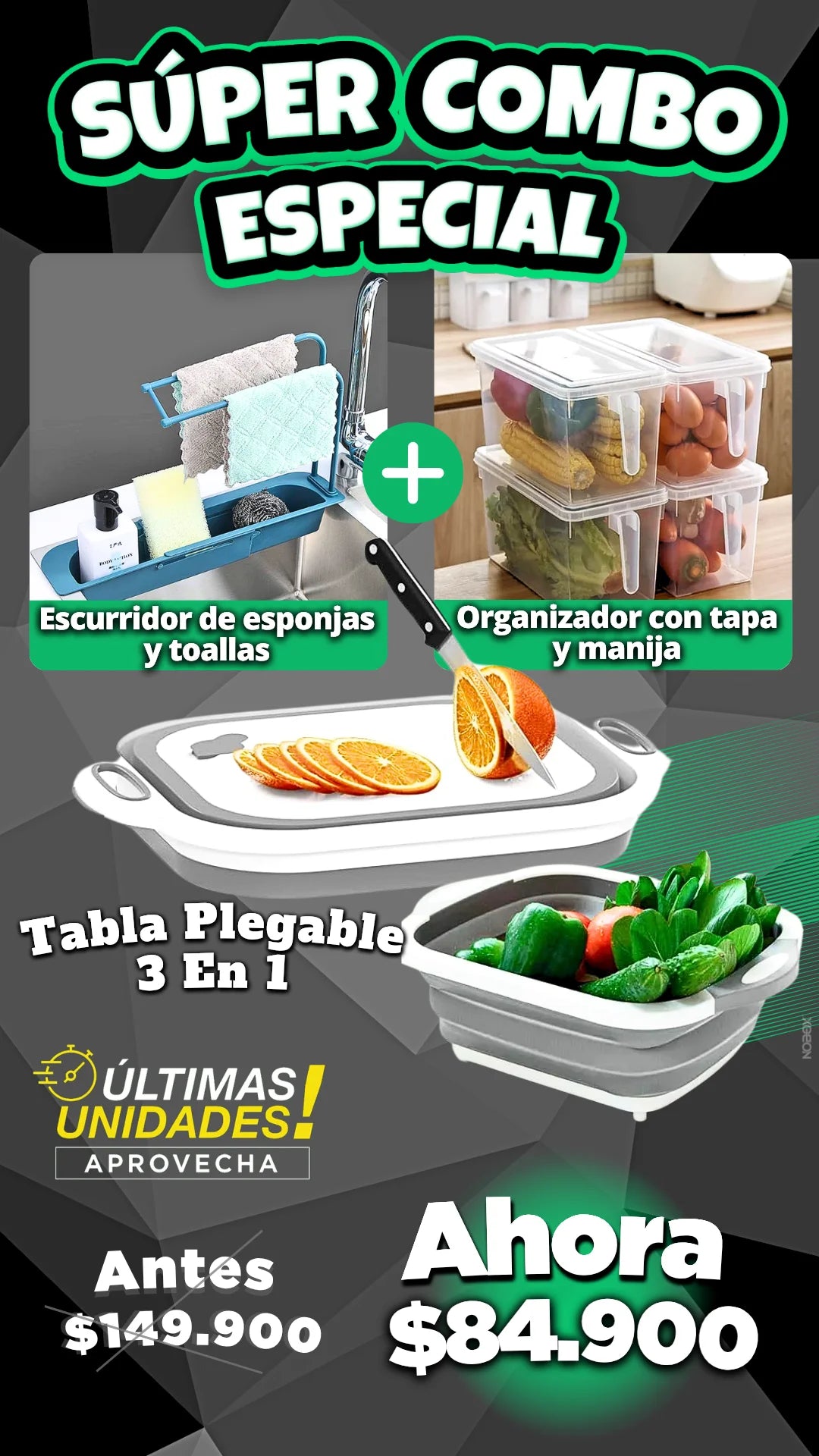 Combo tabla 3 en 1 + escurridor + organizador funnel